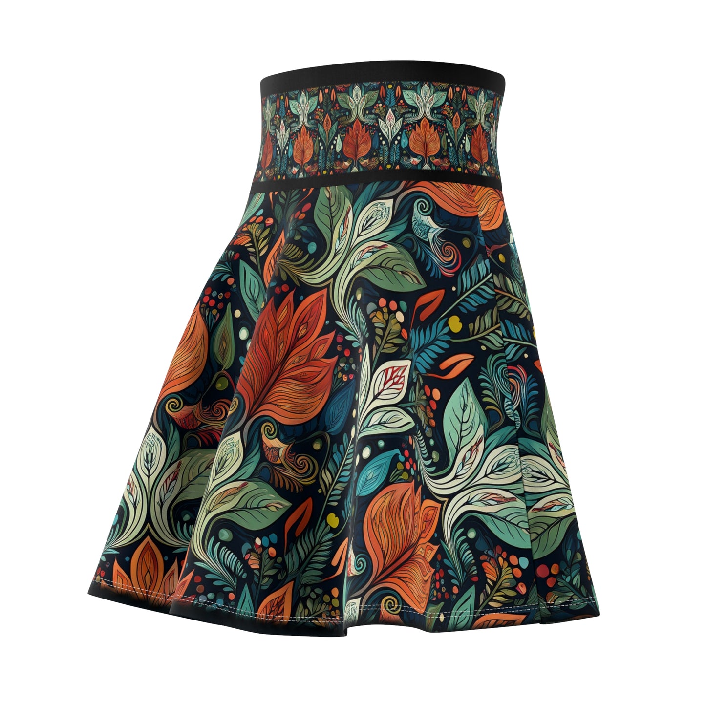 Skater Skirt, Retro Style Green & Gold Leaf Botanical Pattern, Wide Belt, Women's Fashion, Stylish A-Line Skirt, Flared Midi Skirt, Vintage