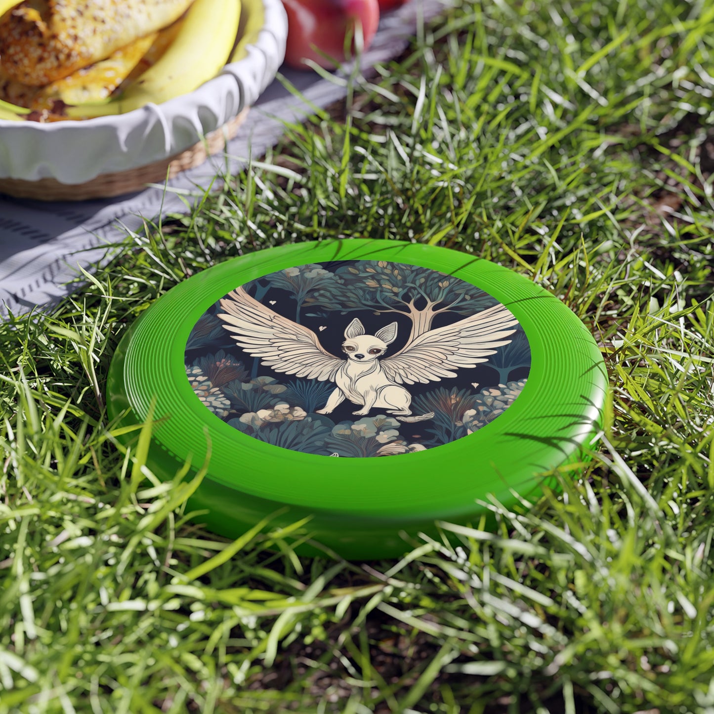 Artistic Frisbee with Whimsical Flying Dog and Orchard Design, Outdoor Fun, Gift for Nature Lovers, Unique Frisbee for Kids & Adults