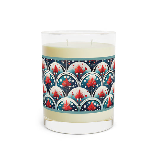 Scented Candle — 11oz Glass Candle with Red Floral Art Deco Pattern