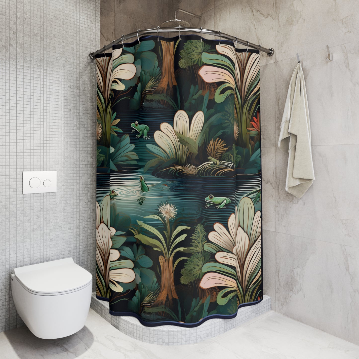 Nature-Inspired Shower Curtain with Frogs and Plants Design | Tropical Bathroom Decor