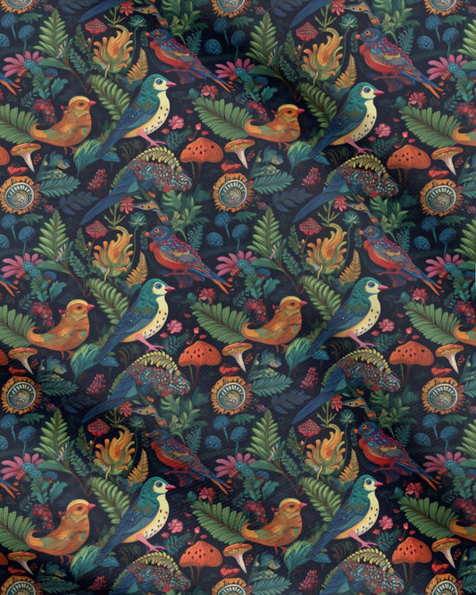Fabric, bright psychedelic and stitched birds
