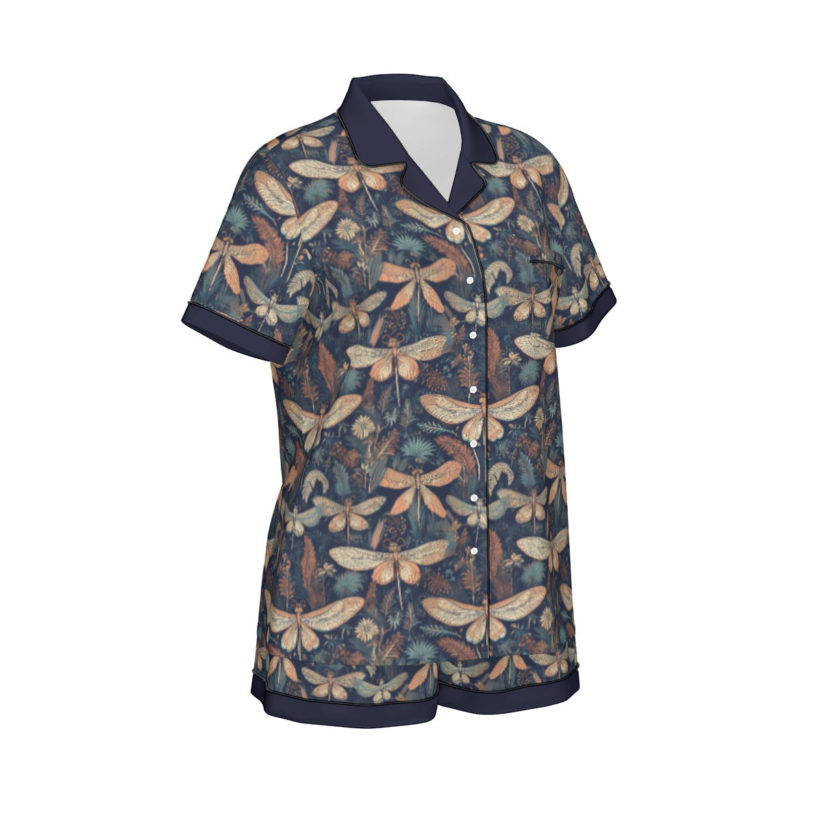 All-Over Print Women's Imitation Silk Pajama Set With Short Sleeves - Nouveau Dragonflies