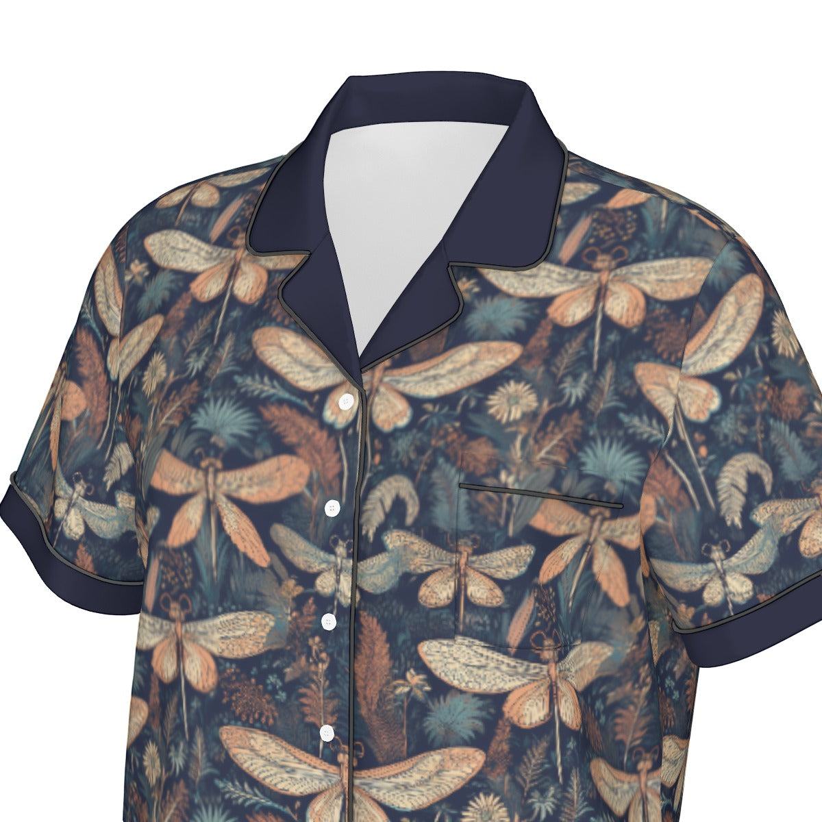 All-Over Print Women's Imitation Silk Pajama Set With Short Sleeves - Nouveau Dragonflies