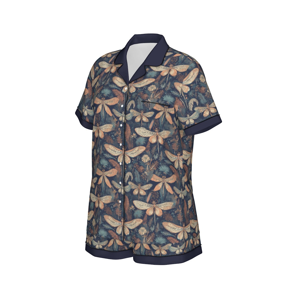 All-Over Print Women's Imitation Silk Pajama Set With Short Sleeves - Nouveau Dragonflies