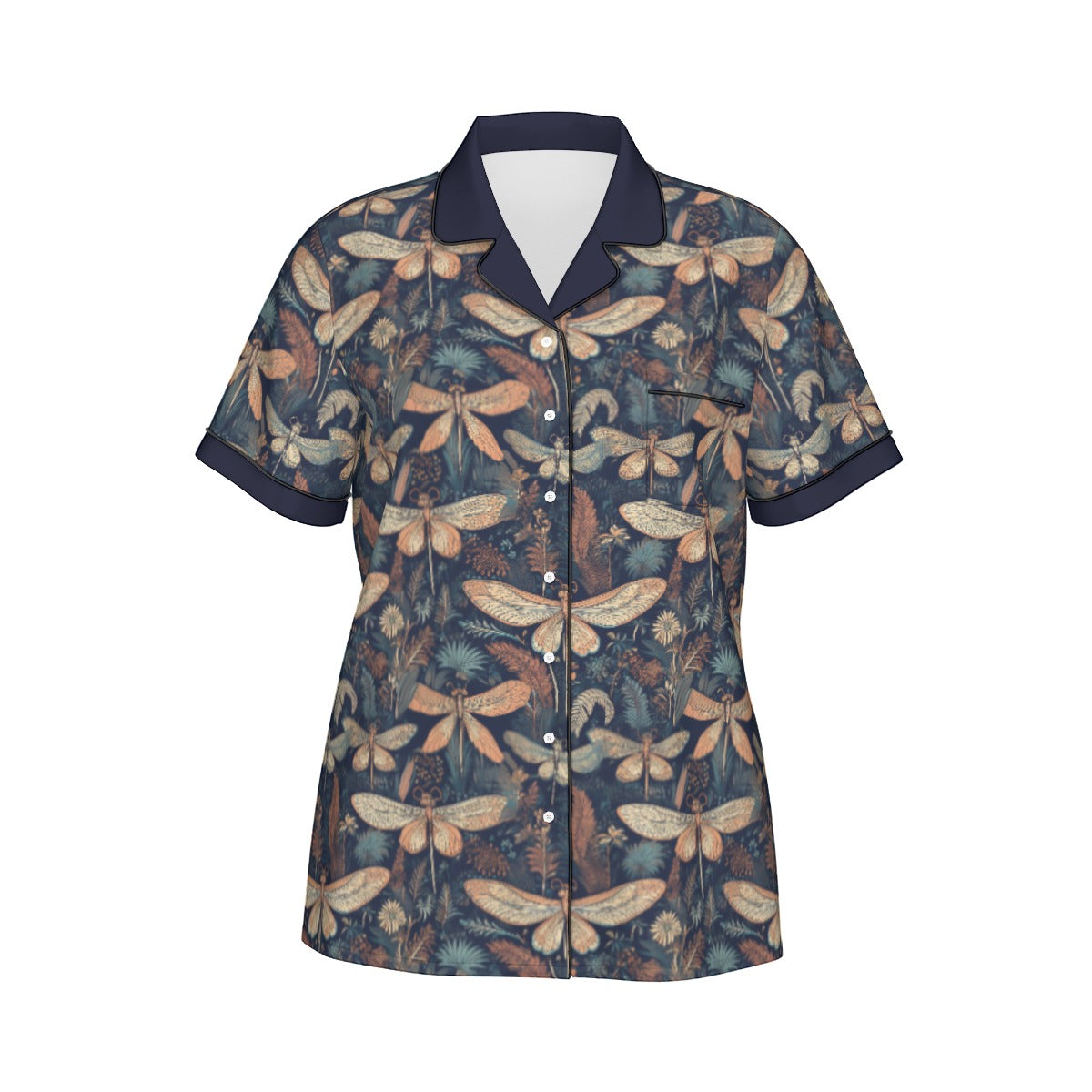 All-Over Print Women's Imitation Silk Pajama Set With Short Sleeves - Nouveau Dragonflies