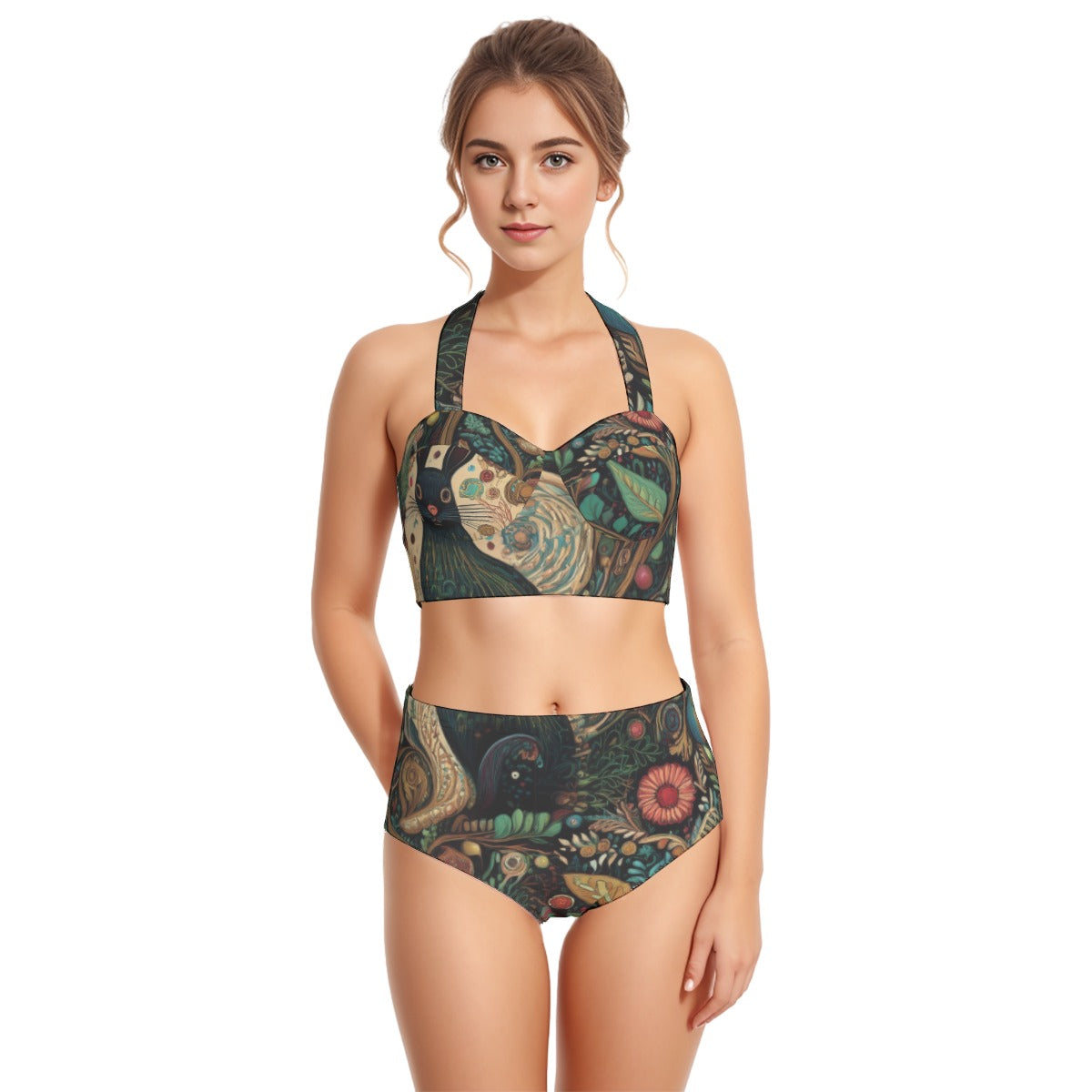 All-Over Print Women's Swimsuit Set With Halter, Black rabbits