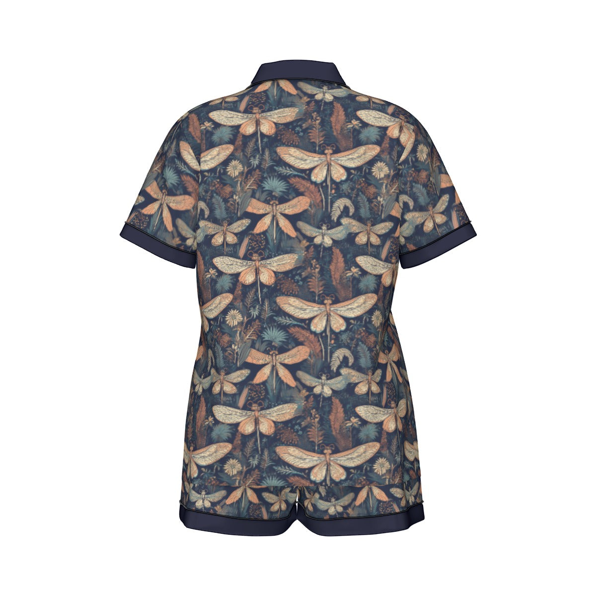 All-Over Print Women's Imitation Silk Pajama Set With Short Sleeves - Nouveau Dragonflies