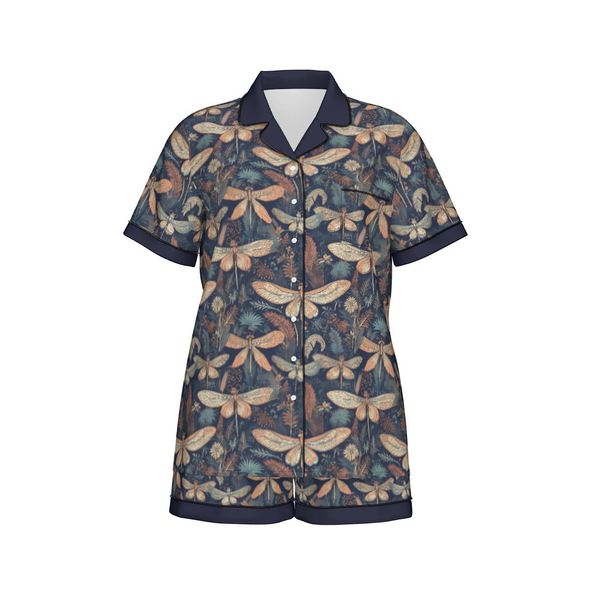All-Over Print Women's Imitation Silk Pajama Set With Short Sleeves - Nouveau Dragonflies