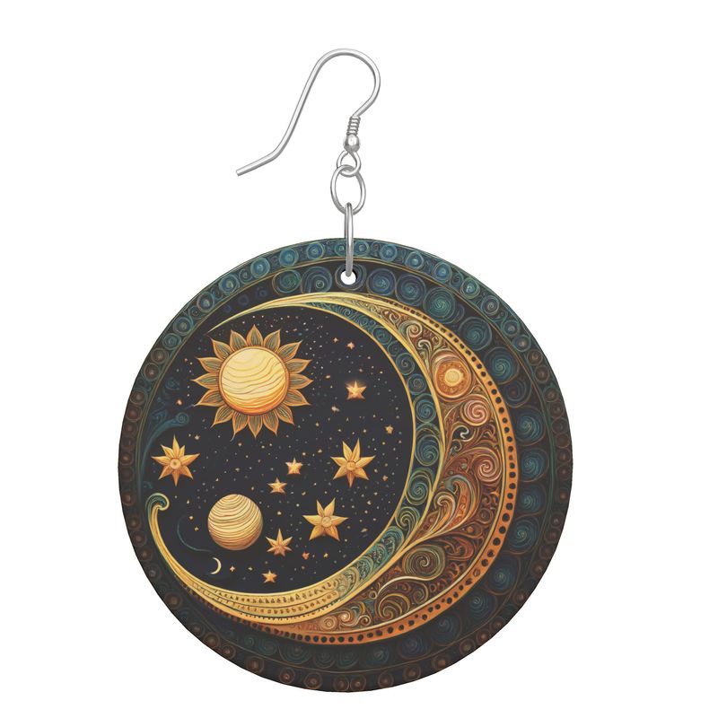 Wooden Earrings - Organic Shapes, Celestial Moon