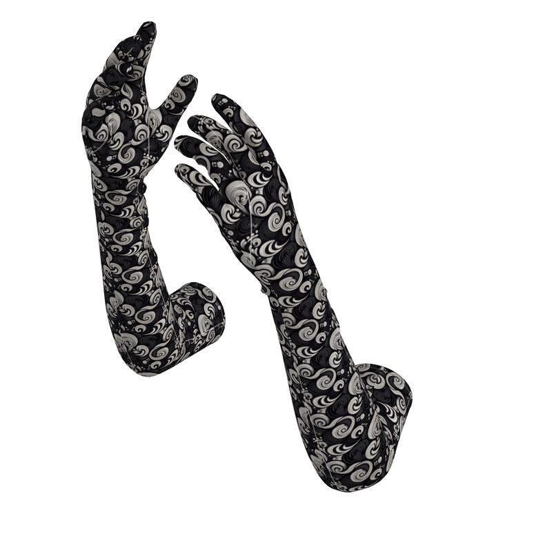 Long Black and White Paisley Spiral Gloves