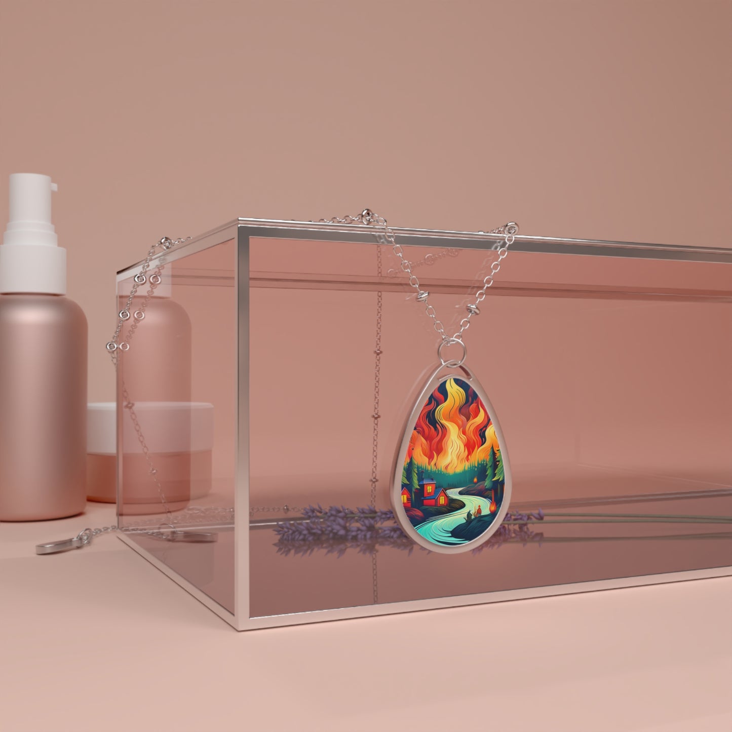 Forest Fire Oval Pendant, Woodland Jewelry, Unique Nature Gift, Bright Color Painting Necklace, Fishing