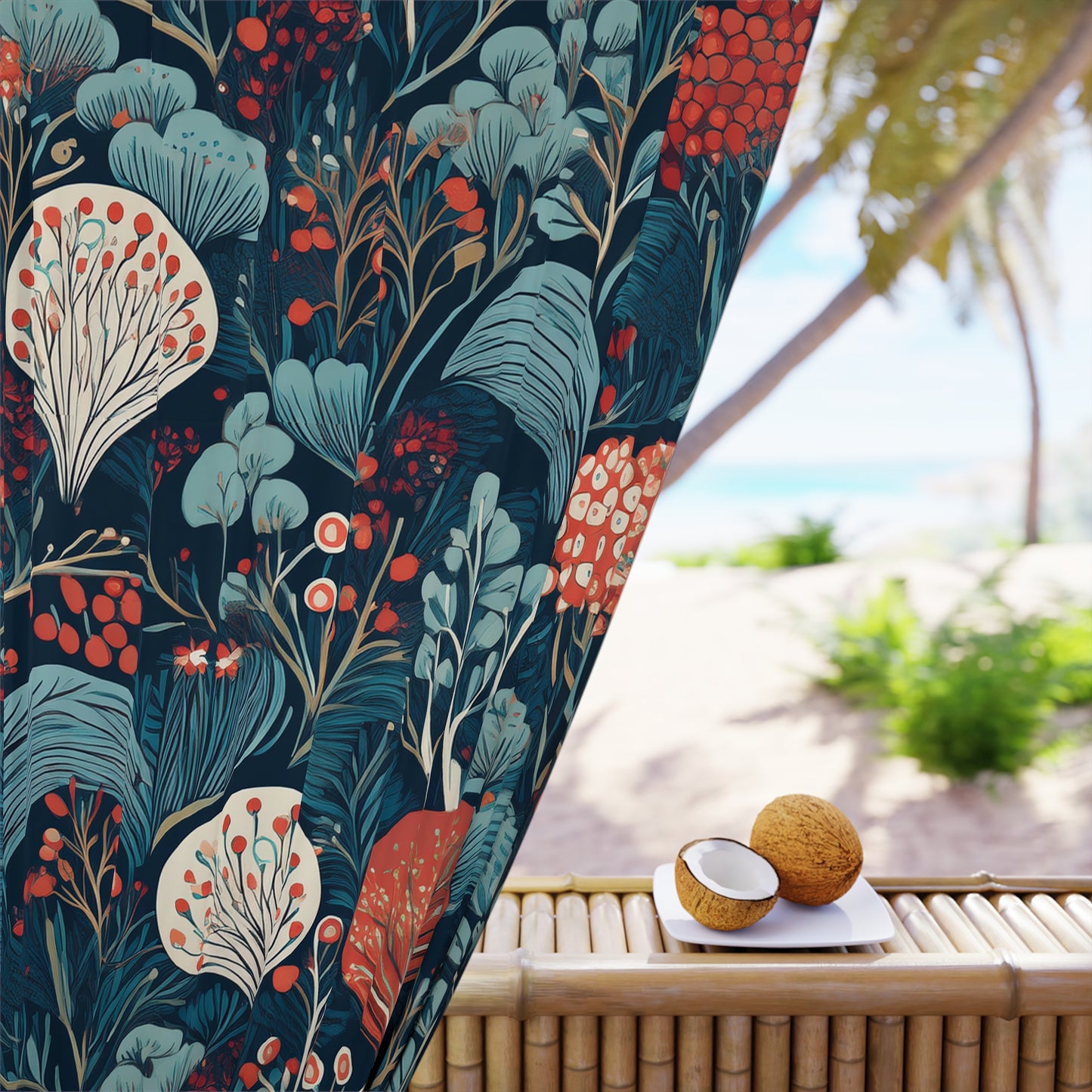 Botanical Floral Window Curtain — Dark Teal & Coral Decorative Drapery