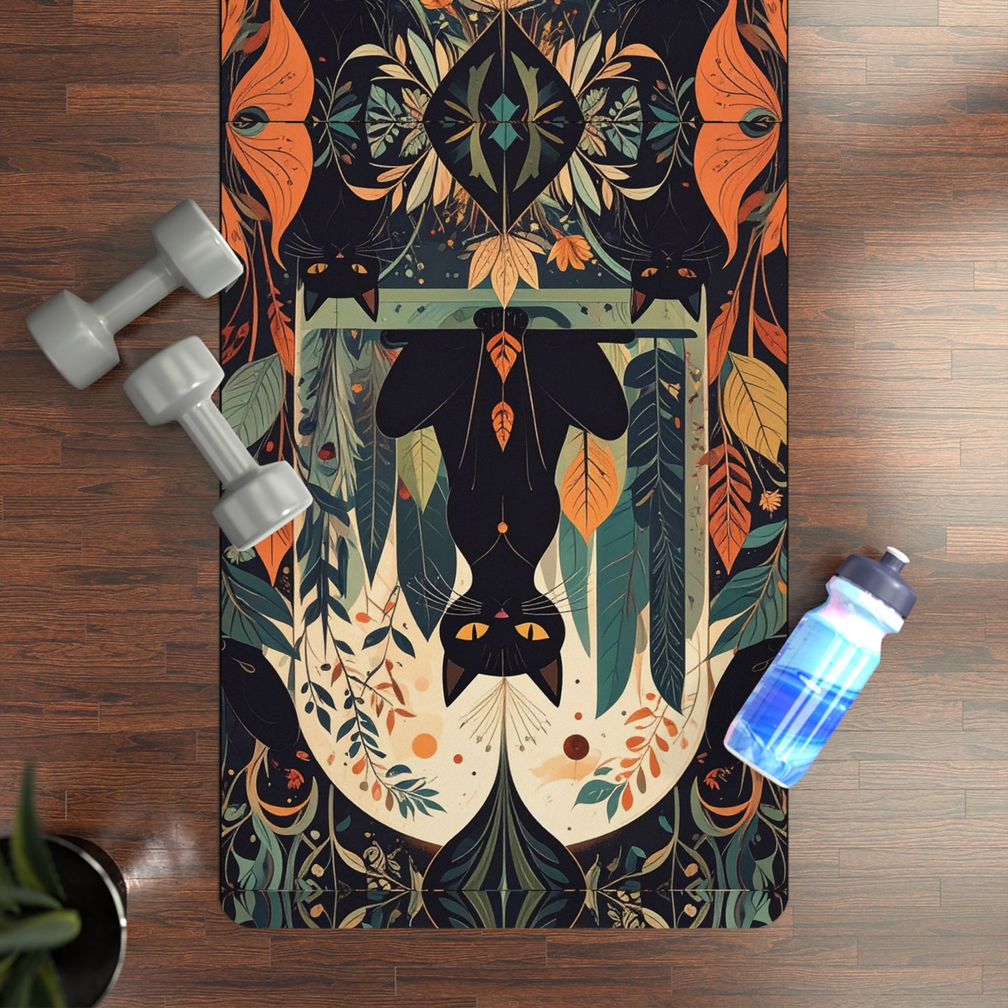 Black Cat Botanical Rubber Yoga Mat — Non‑Slip Floral Meditation Mat