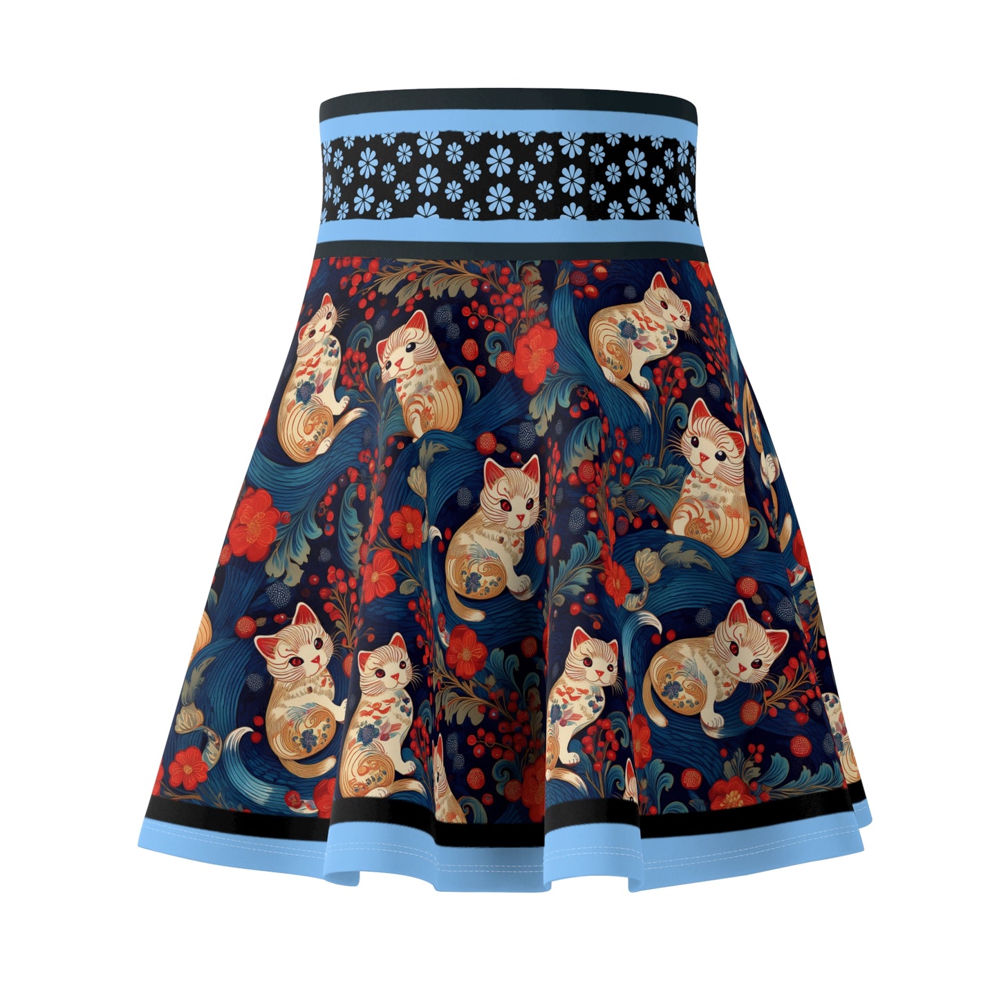 Whimsical Cat Print Skater Skirt for Women - Fun and Playful Design