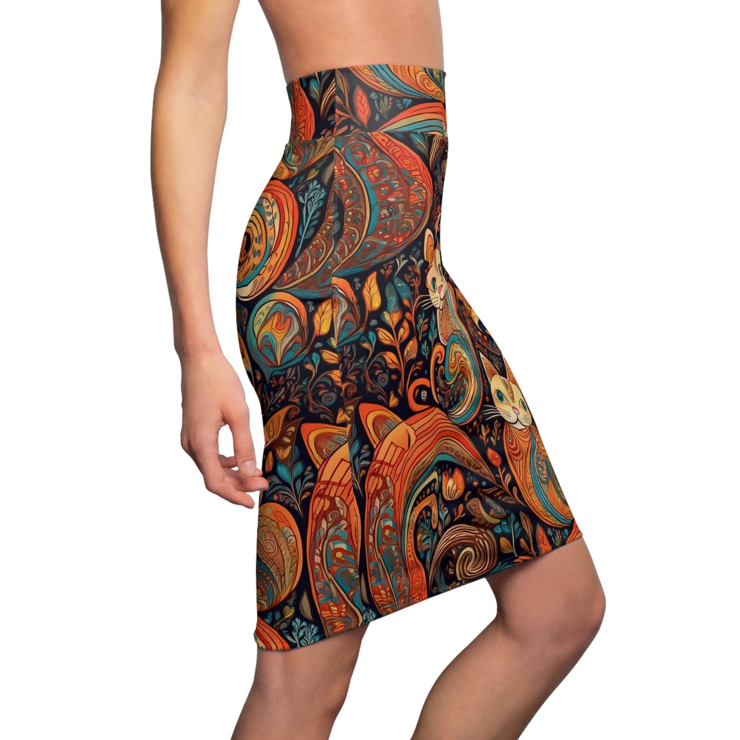 Bohemian Cat Print Women’s Pencil Skirt - Stylish & Unique Fashion Statement - All Over Prints