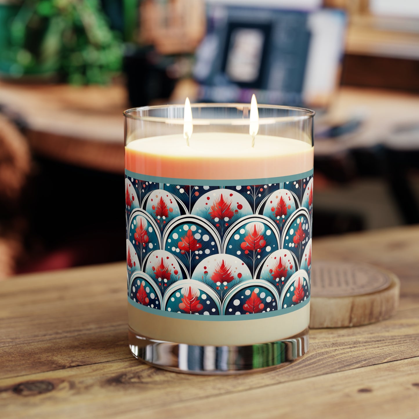 Scented Candle — 11oz Glass Candle with Red Floral Art Deco Pattern