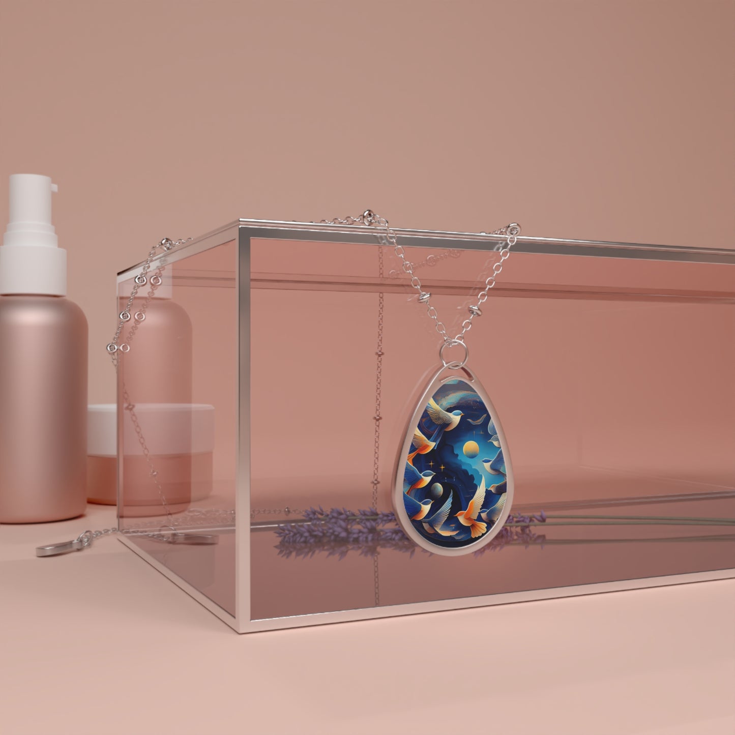 Colorful Bird Design Oval Necklace, Nature Jewelry Gift, Bohemian Pendant, Everyday Wear, Bird Lover Accessories, Unique Present