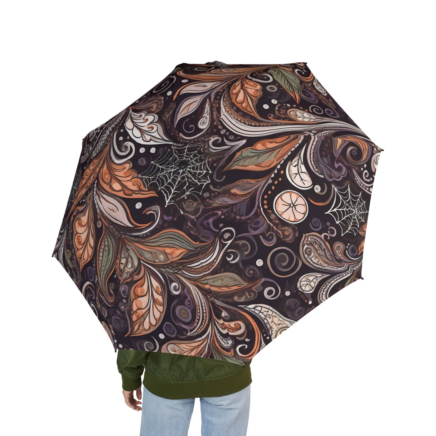 Foldable Umbrella - Autumn Leaves and Spiderwebs Design