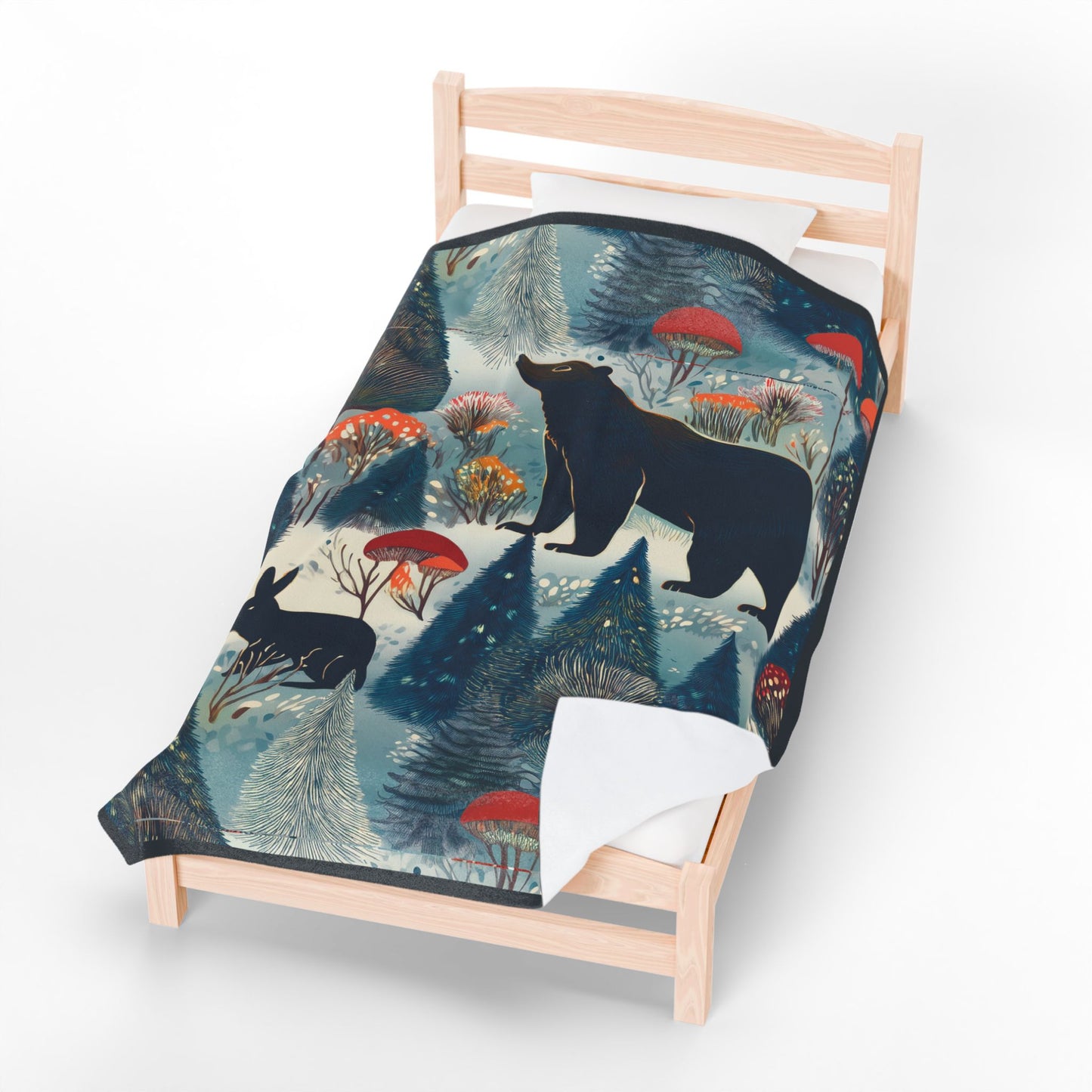 Winter Forest Bear & Rabbit Plush Blanket — Cozy Woodland Throw with Evergreen, Bear, Rabbit & Mushroom Design