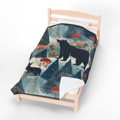 Winter Forest Bear & Rabbit Plush Blanket — Cozy Woodland Throw with Evergreen, Bear, Rabbit & Mushroom Design