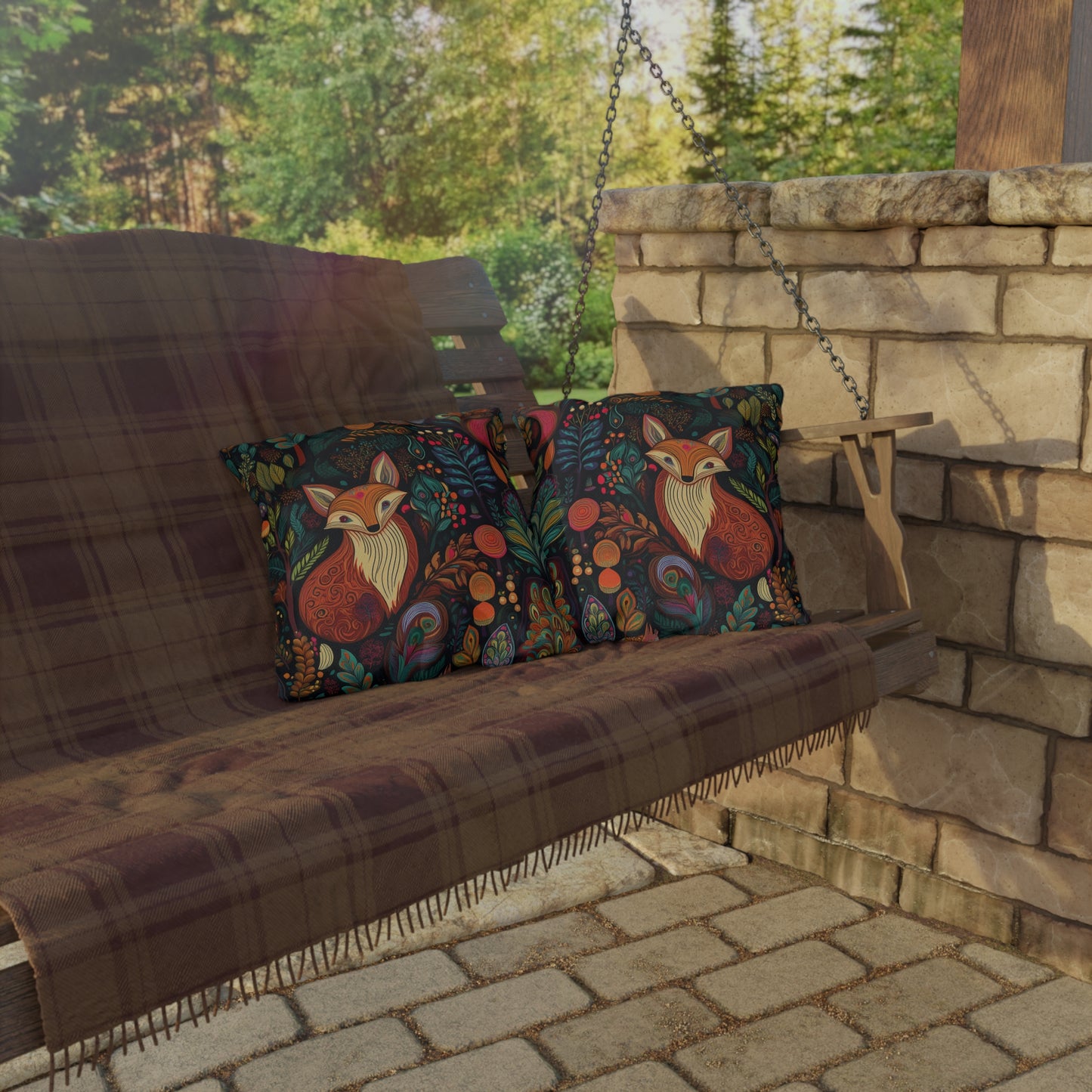 Fox Forest Outdoor Pillow — Colorful Woodland Decorative Cushion for Patio & Garden