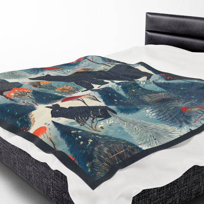 Winter Forest Bear & Rabbit Plush Blanket — Cozy Woodland Throw with Evergreen, Bear, Rabbit & Mushroom Design