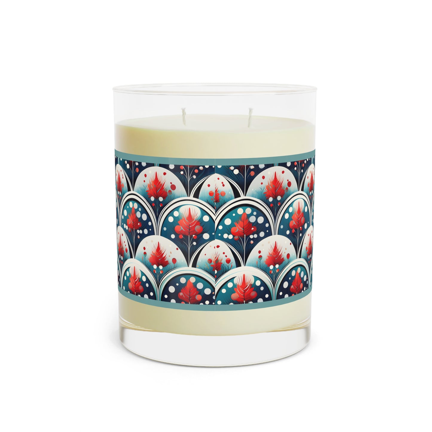 Scented Candle — 11oz Glass Candle with Red Floral Art Deco Pattern