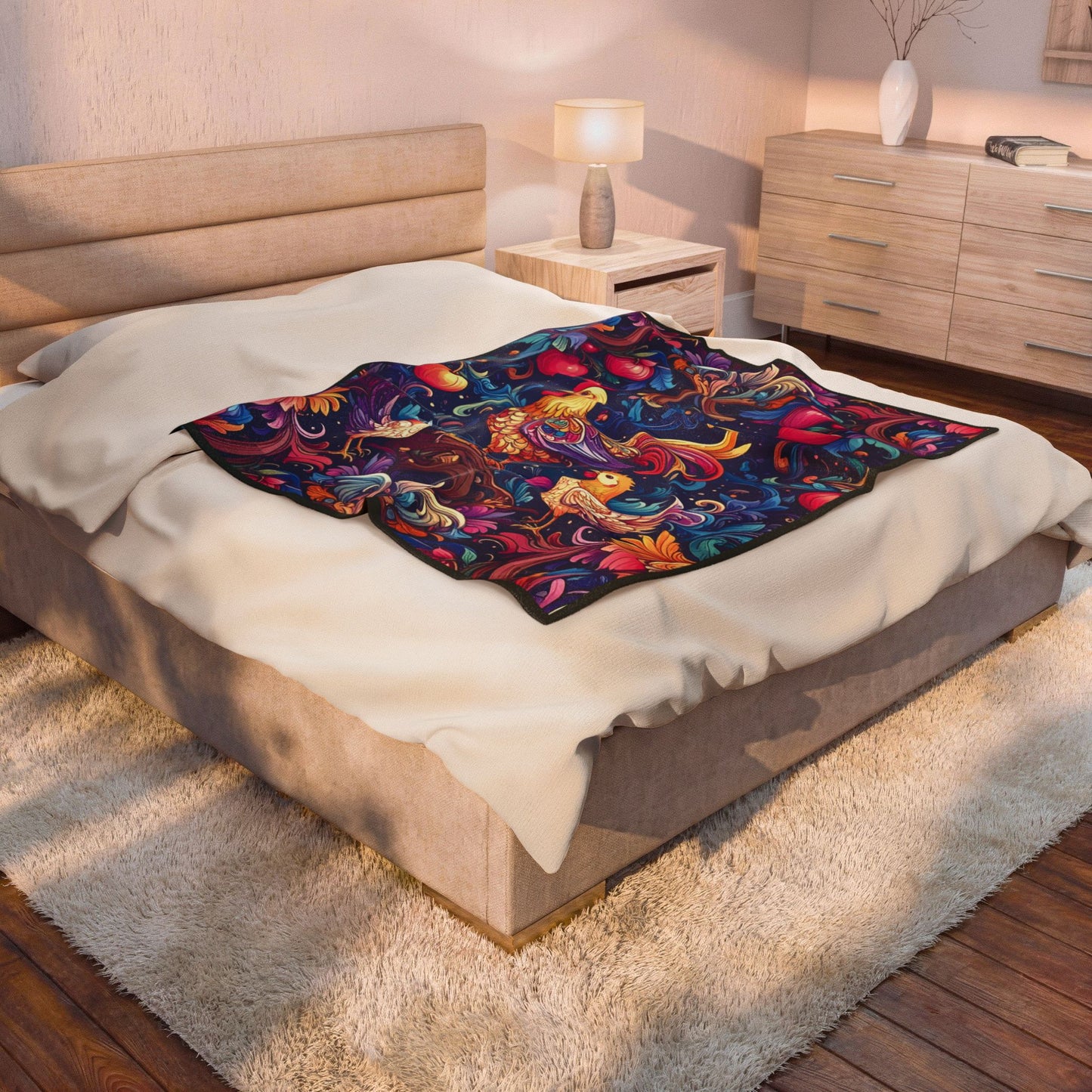 Colorful Rooster and Chicks Velveteen Plush Blanket | Folk Floral Pattern