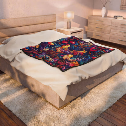 Colorful Rooster and Chicks Velveteen Plush Blanket | Folk Floral Pattern
