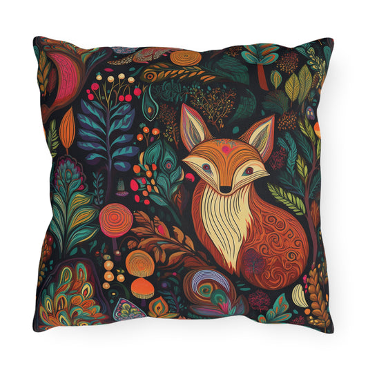 Fox Forest Outdoor Pillow — Colorful Woodland Decorative Cushion for Patio & Garden