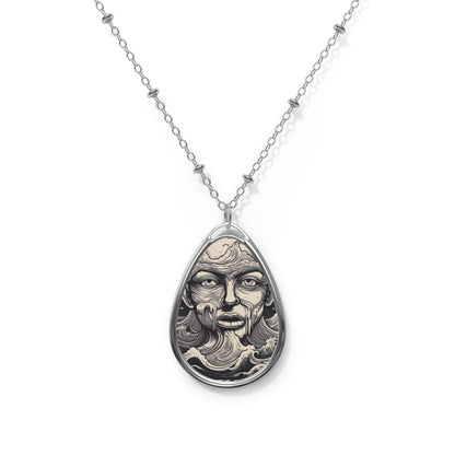 Bohemian Oval Necklace with Wave and Face Design, Unique Jewelry Gift, Ocean Lover, Nature-Inspired Pendant, Artisan Necklace, Unique