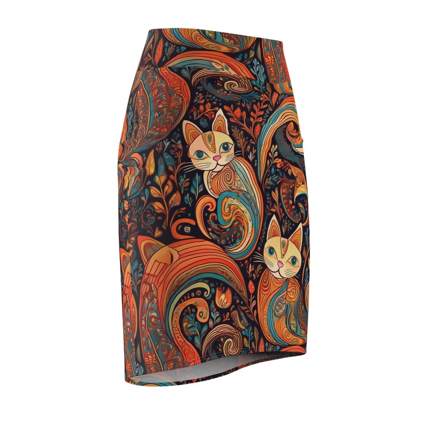 Bohemian Cat Print Women's Pencil Skirt - Stylish & Unique Fashion Statement