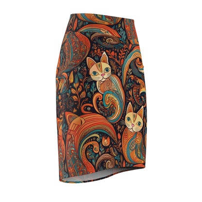 Bohemian Cat Print Women's Pencil Skirt - Stylish & Unique Fashion Statement