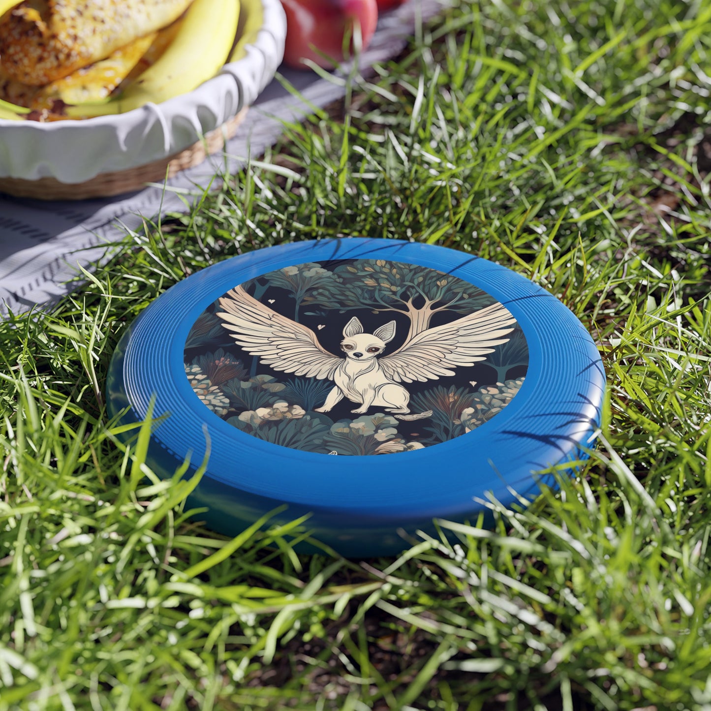 Artistic Frisbee with Whimsical Flying Dog and Orchard Design, Outdoor Fun, Gift for Nature Lovers, Unique Frisbee for Kids & Adults
