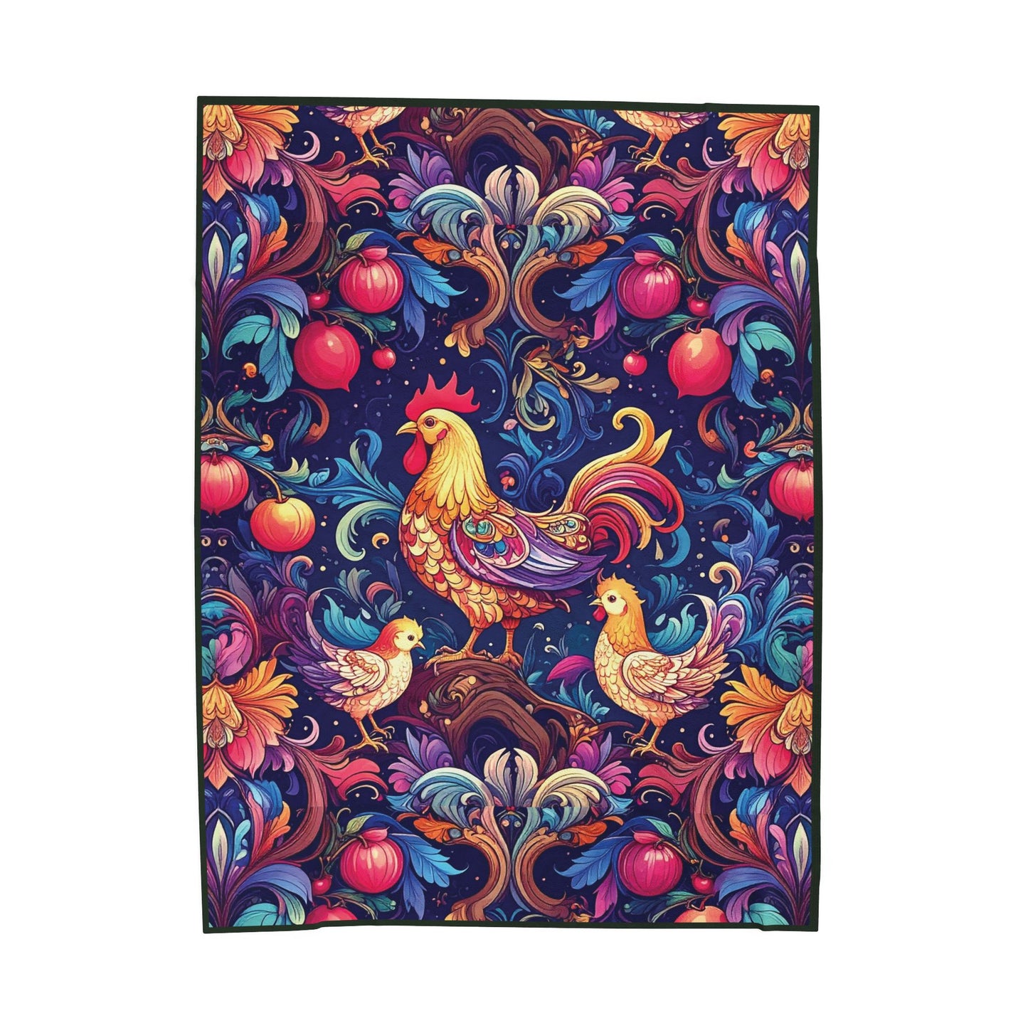 Colorful Rooster and Chicks Velveteen Plush Blanket | Folk Floral Pattern