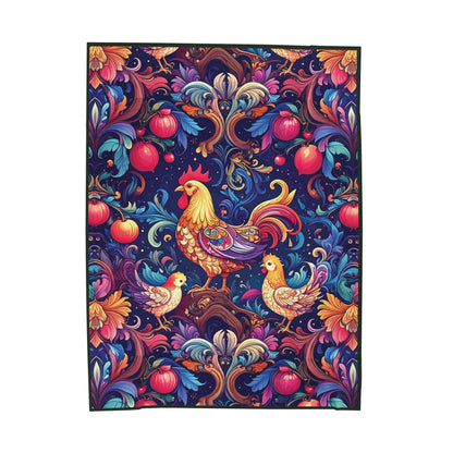 Colorful Rooster and Chicks Velveteen Plush Blanket | Folk Floral Pattern