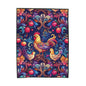 Colorful Rooster and Chicks Velveteen Plush Blanket | Folk Floral Pattern