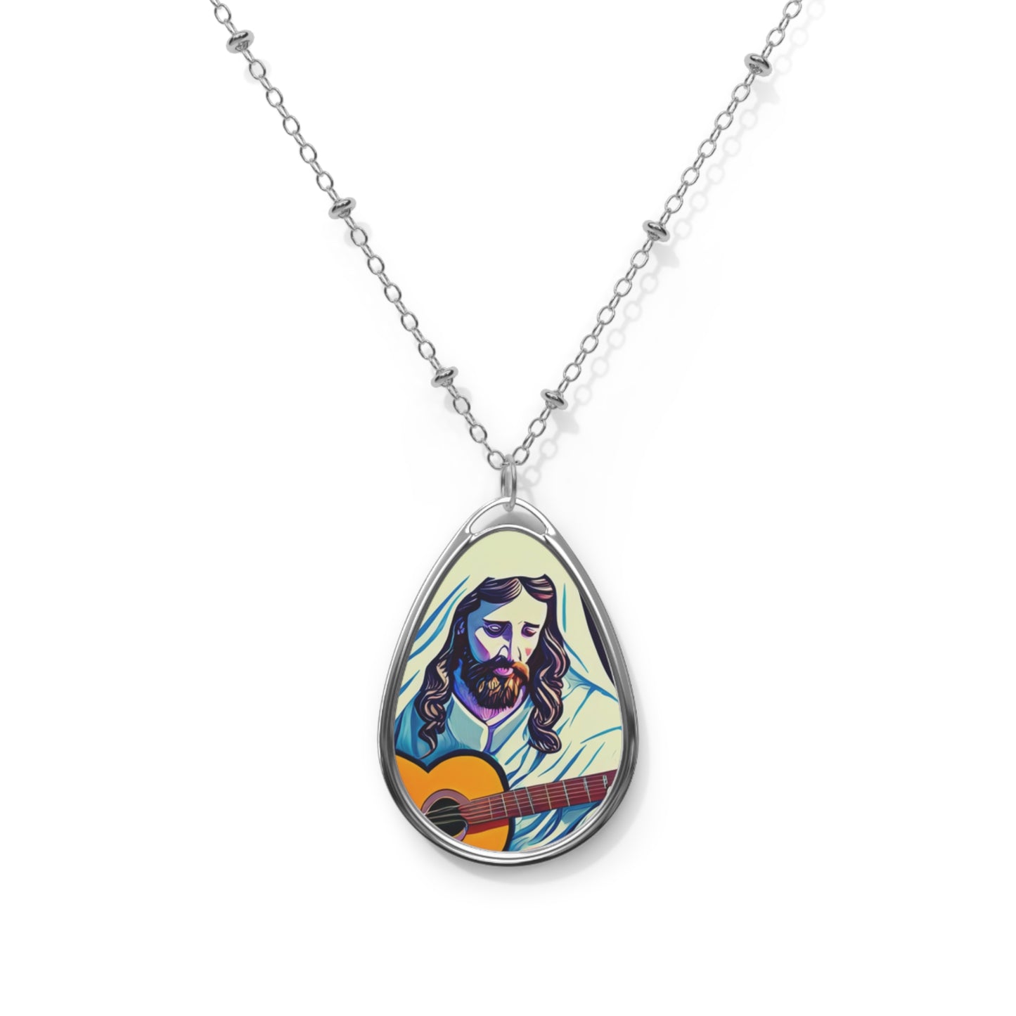 Handcrafted Pendant w/ Jesus Playing Guitar, Spiritual Jewelry, Gift for Music Lovers, Religious Necklace, Boho Accessories, Unique art