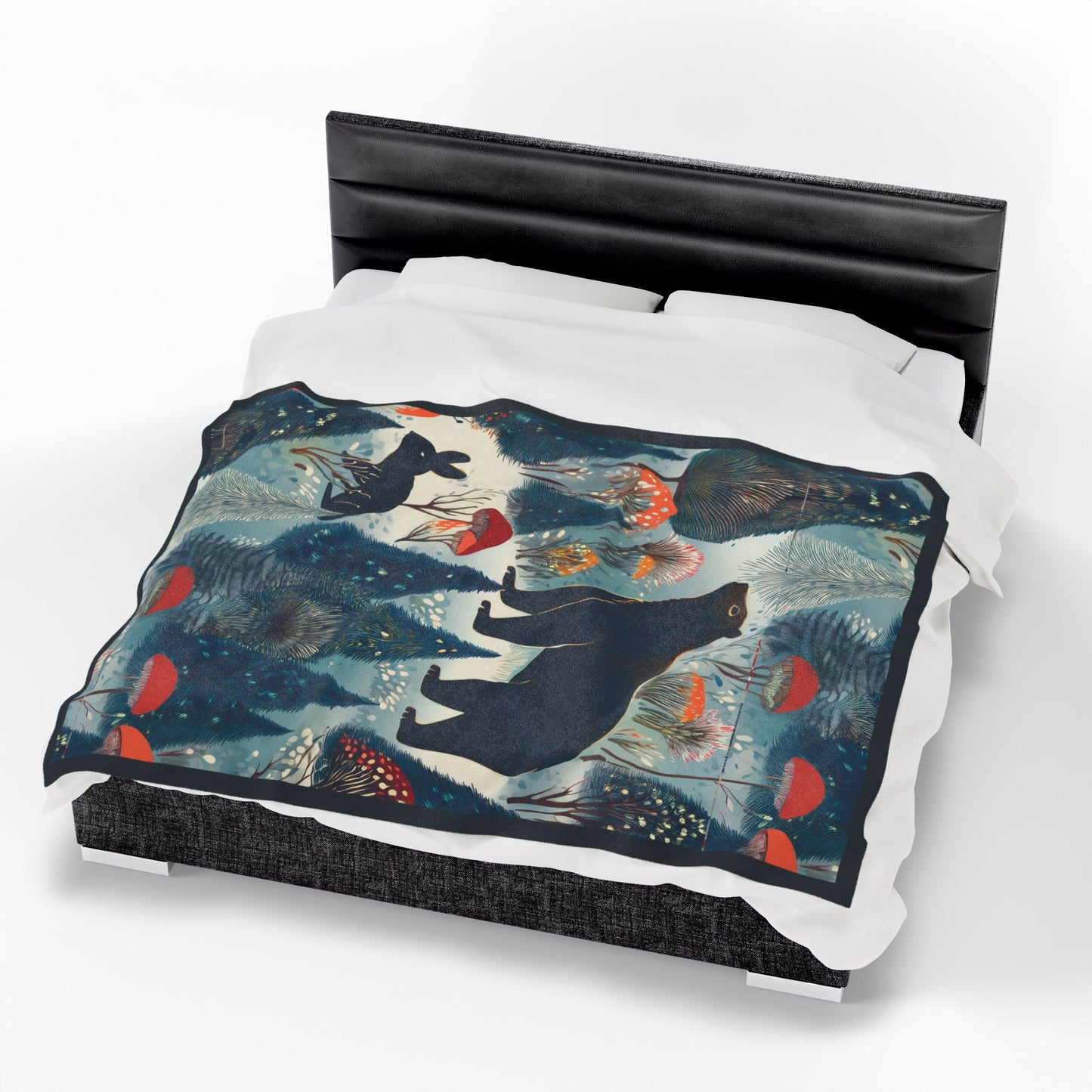 Winter Forest Bear & Rabbit Plush Blanket — Cozy Woodland Throw with Evergreen, Bear, Rabbit & Mushroom Design