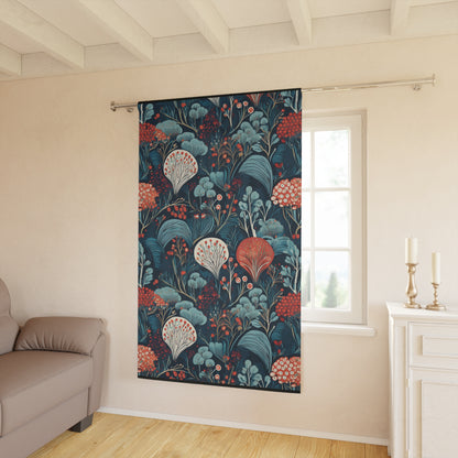 Botanical Floral Window Curtain — Dark Teal & Coral Decorative Drapery