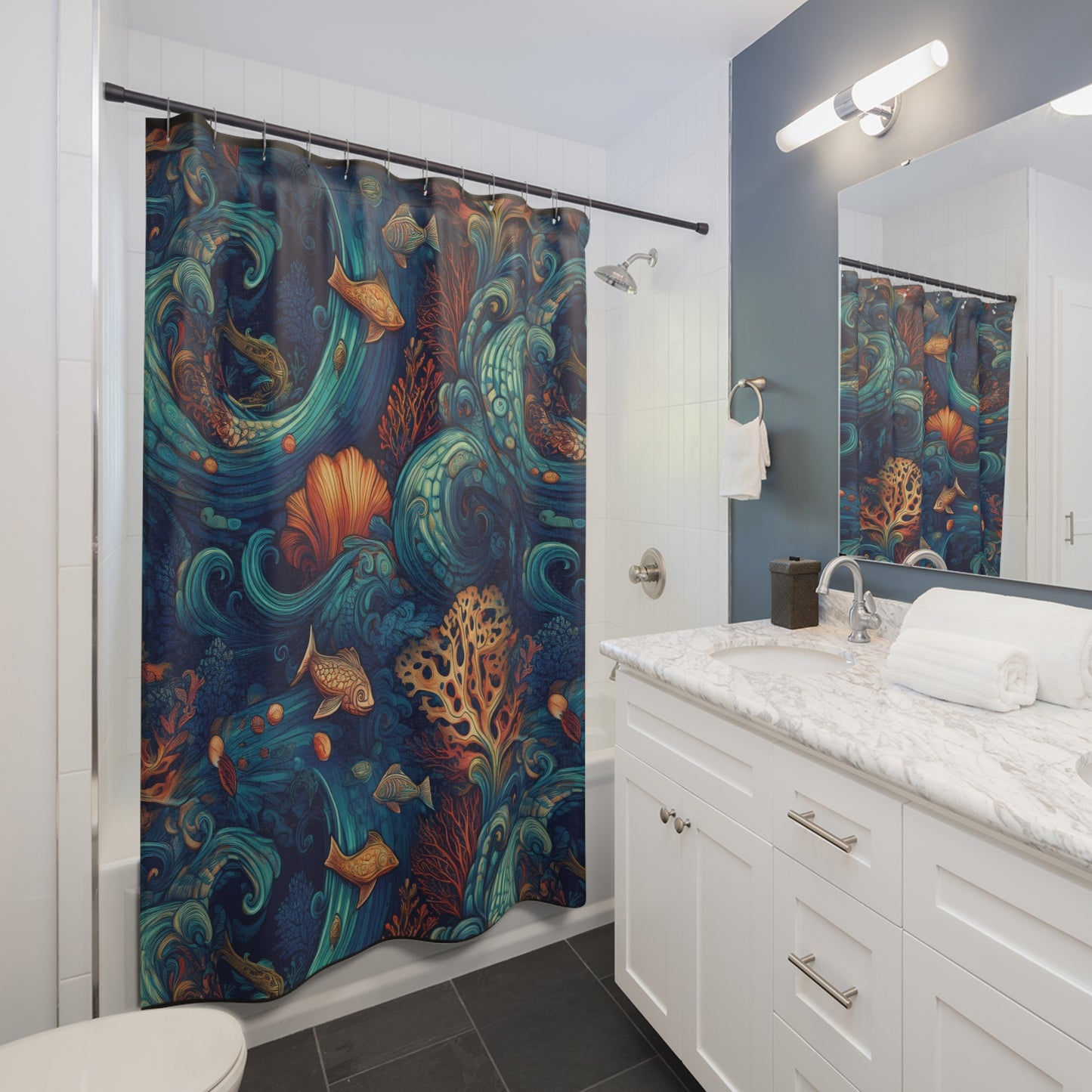 Ocean Reef-Inspired Shower Curtain with Vibrant Marine Life Design