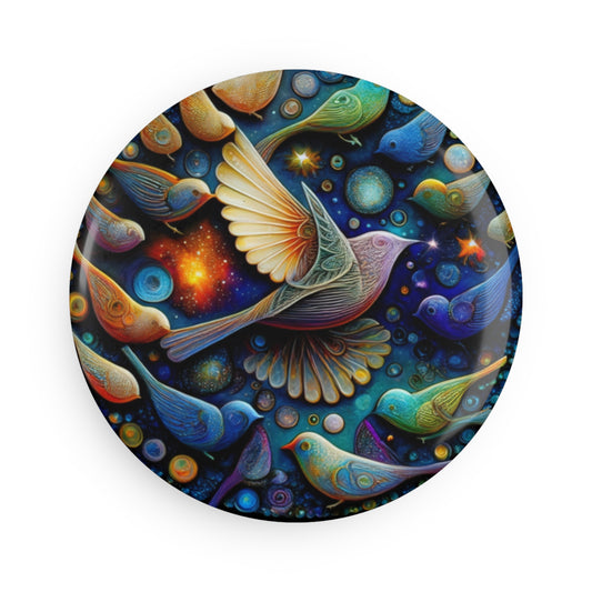 Button Magnet, Colorful Birds Art Deco Round Design with Central Dove, Fridge Magnet, Cute Kitchen Decor, Magnet set, Gift for Bird lovers