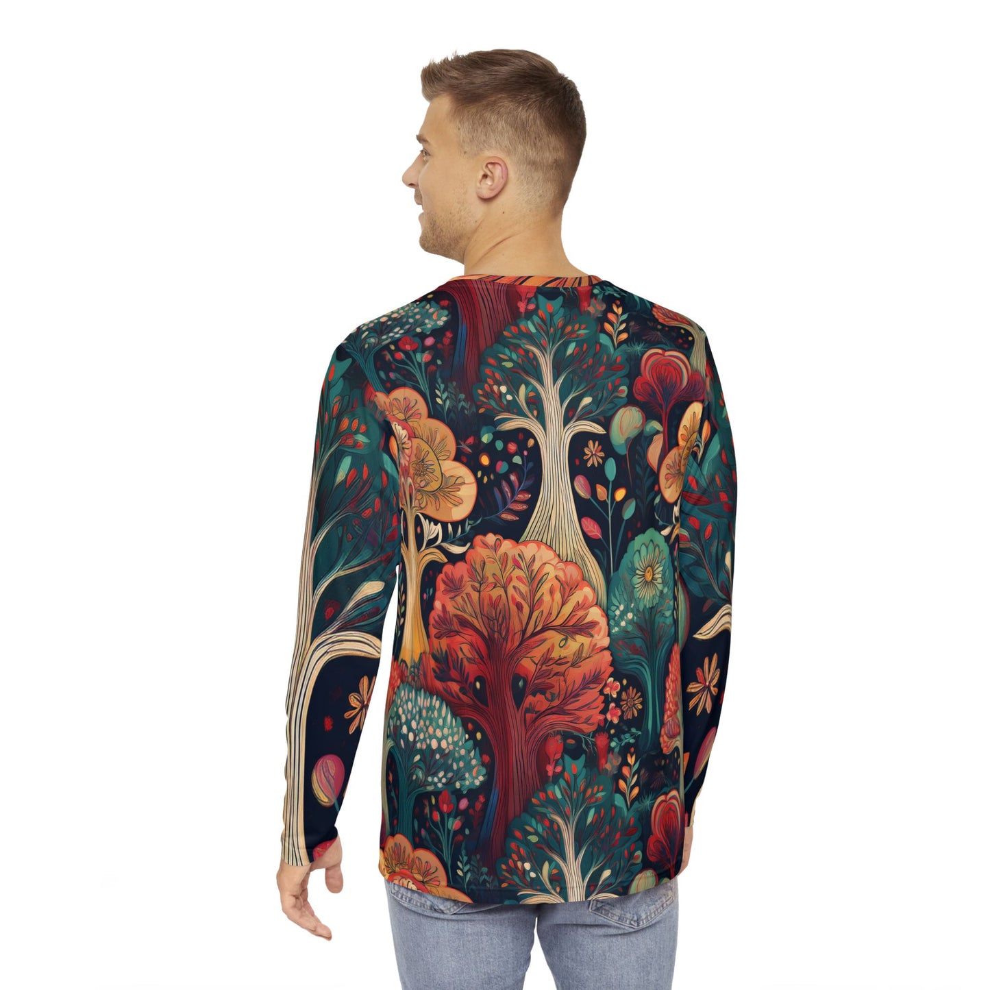 Nature-Inspired Men’s Long Sleeve Shirt - Vibrant Forest Design for Casual Style