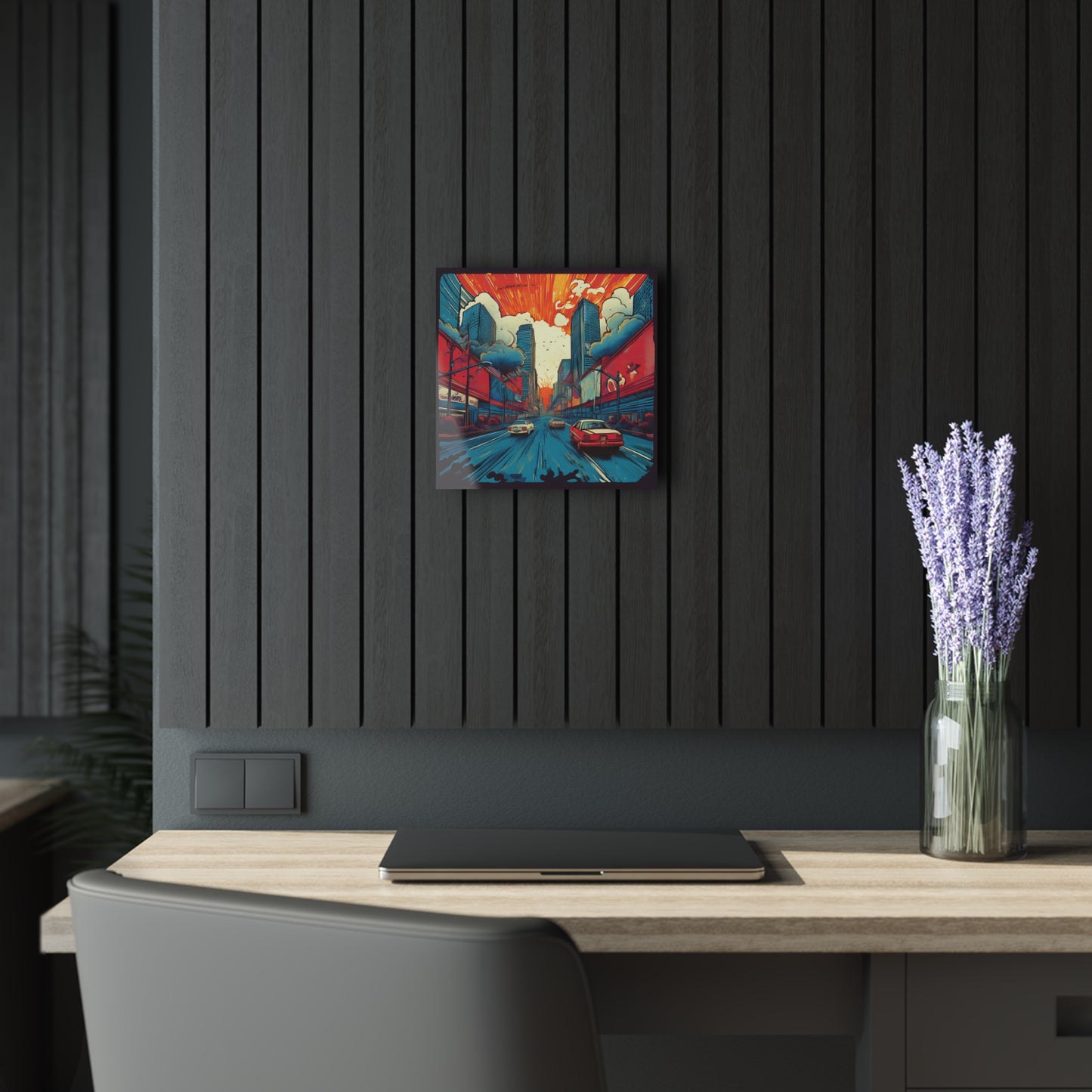 Retro Cityscape Acrylic Print (French Cleat Hanging), Home Decor, Vibrant Colors, Cars, Urban Art, Automotive Art, Pop Art