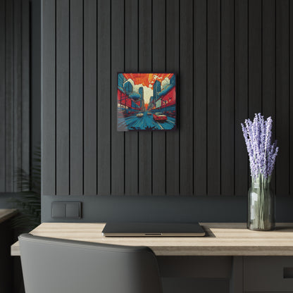 Retro Cityscape Acrylic Print (French Cleat Hanging), Home Decor, Vibrant Colors, Cars, Urban Art, Automotive Art, Pop Art