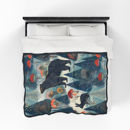 Winter Forest Bear & Rabbit Plush Blanket — Cozy Woodland Throw with Evergreen, Bear, Rabbit & Mushroom Design