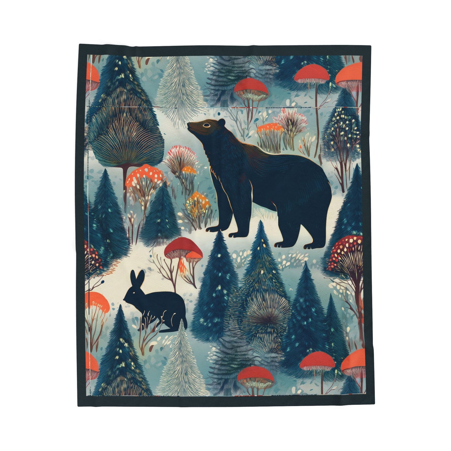 Winter Forest Bear & Rabbit Plush Blanket — Cozy Woodland Throw with Evergreen, Bear, Rabbit & Mushroom Design