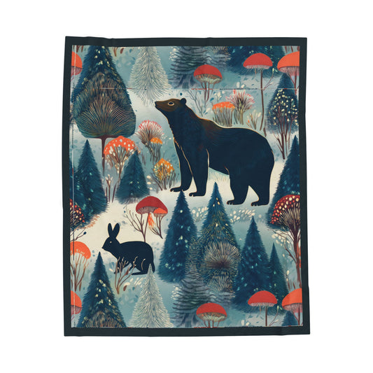 Winter Forest Bear & Rabbit Plush Blanket — Cozy Woodland Throw with Evergreen, Bear, Rabbit & Mushroom Design