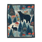 Winter Forest Bear & Rabbit Plush Blanket — Cozy Woodland Throw with Evergreen, Bear, Rabbit & Mushroom Design