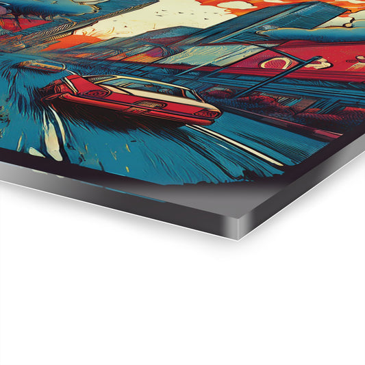 Retro Cityscape Acrylic Print (French Cleat Hanging), Home Decor, Vibrant Colors, Cars, Urban Art, Automotive Art, Pop Art